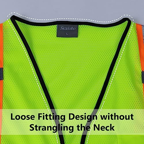 Sicalobo High Visibility Vest with Pockets Zipper for Men Women Construction Vest with Reflective Strips,Orange,L