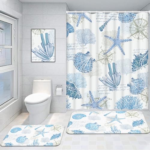 Likiyol 3 Pcs Nautical Beach Shower Curtain Sets with Rugs, Coastal Bathroom Set with Shower Curtain and Rugs, Ocean Bathroom Rug Set, 15.7'' x 23.6'' & 19.6'' x 31.5'' Rug for Brhroom, Kitchen