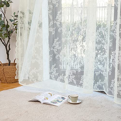 MIULEE White Lace Curtains 84 Inches Long for Living Room Bedroom, Scalloped Sheer Curtains Rose Floral Embroidered Farmhouse Window Drapes Vintage European Tulle Retro Style, Rod Pocket, 2 Panels Set