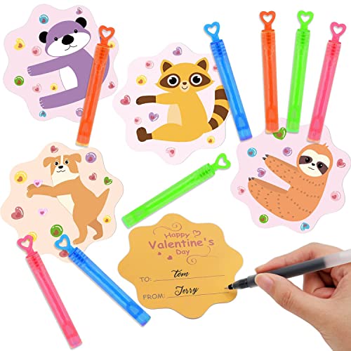SURCVIO Valentines Day Gifts for Kids, 32 Pack Mini Bubble Wands with Valentines Animal Themes Greeting Cards for Kids, Valentine's Day School Prize Party Favor, Classroom Exchange Gift Set