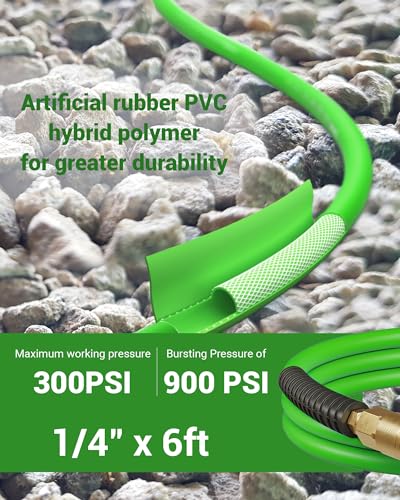 DEWENWILS 1/4 Inch x 6FT Hybrid Air Hose 300 PSI, Heavy Duty Air Compressor Hose with 1/4" Industrial Quick Coupler Fittings, Flexible and Kink Resistant Air Hose (Green)