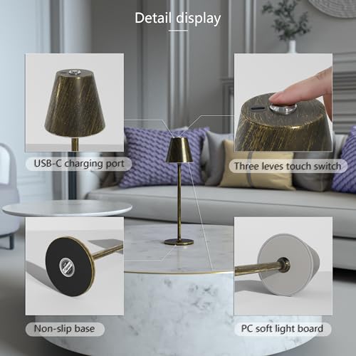 Timjorman Modern LED Cordless Table Lamp, 4000mAh Rechargeable Battery, 3 Level Brightness Night Light, Metal Shell, Minimalist Design, for Couples Dinner/Coffee Table/Restaurant/Bedroom, Black