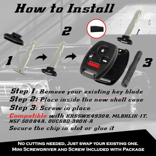 CUTTING NOT REQUIRED - Key Fob Keyless Entry Remote Shell Case & Pad fits Honda 2003-2012 Accord / 2006-2013 Civic EX / 2009-2015 Pilot /2005-2006 CR-V