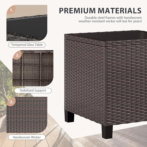 Vongrasig 3 Piece Patio Furniture Set Small Outdoor Wicker Rattan Front Porch Bistro Set Cushioned Patio Chairs Conversation Set with Glass Table for Lawn, Garden, Backyard, Balcony, Poolside (Beige)