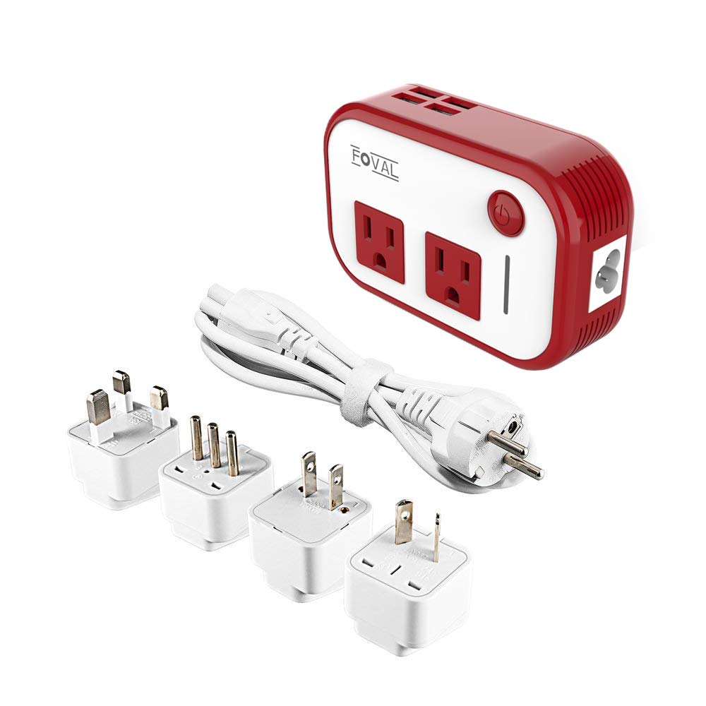 FOVAL Power Step Down 220V to 110V Voltage Converter with 4-Port USB International Power Travel Adapter in UK European Italy Asia More Than 150 Countries Over The World(Red)