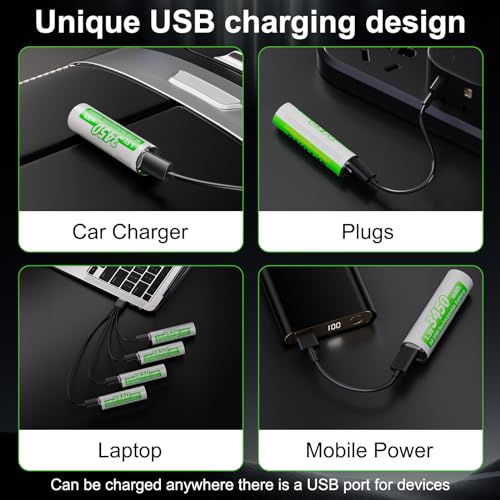 SPYONG USB Rechargeable AA Batteries, Lithium Ion 3450mWh 1.5v Rechargeable Batteries with 4-in-1 USB-C Charging Cable, Over 1500 Cycles, Charges 40 Minutes, LED Charge Indicator, 4-Pack
