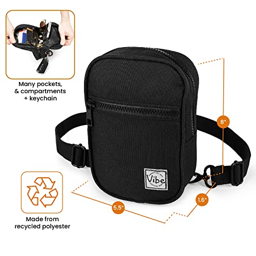 Vibe Festival Gear Small Crossbody Sling Bag for Women Men 5in1 Multi-Use from (rPET) Recycled Polyester Belt Bag Cross Body Backpack Fanny Pack Purse - Black