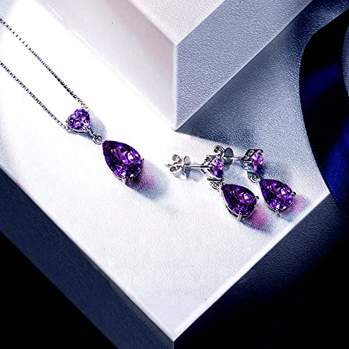 JIANGXIN 18"~20" Pear cut Amethyst 925 Sterling Silver Pendant Necklace Drop Earrings Jewelry Set for Women Heart cz Decorated