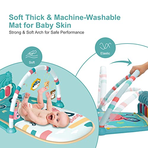 dearlomum Baby Play Mat Baby Gym, Piano Tummy Time Baby Activity Gym Mat with 5 Infant Learning Sensory Baby Toys, Music and Lights Boy & Girl Gifts for Newborn Baby 0 to 3 6 9 12 Months(Blue)