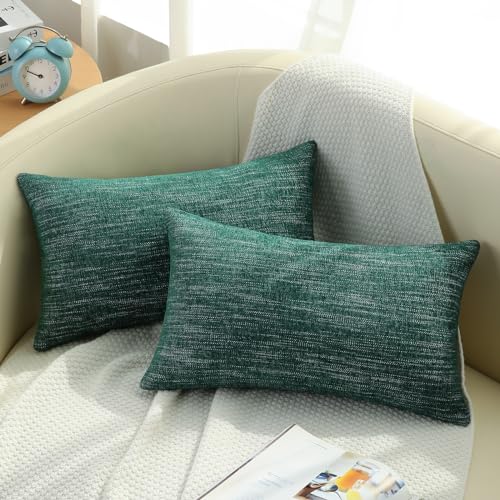 decorUhome Spring Decorative Throw Pillow Covers 16x16 Set of 2, Farmhouse Textured Chenille Square Pillow Covers for Couch Sofa Bed Living Room, Dark Green