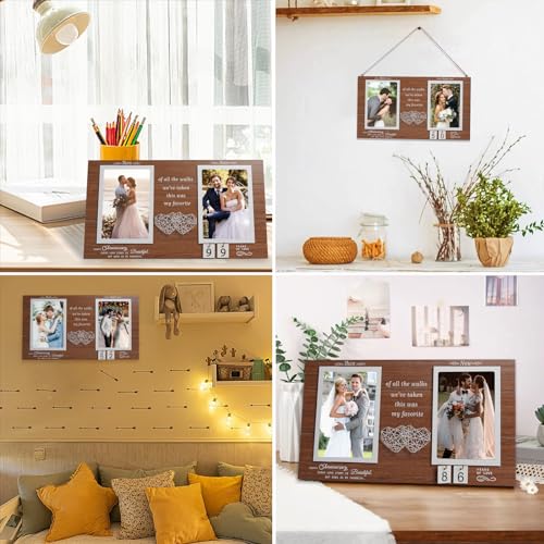 Then and Now Anniversary Picture Frame, 1-99 Years Wedding Gift Ideas, Engagement Bridal Shower Gifts, 25th Anniversary Wood Double Photo Frame for Couple, 4x6 Inches Photos