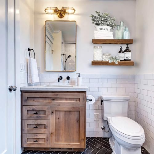 QEEIG Bathroom Floating Shelves for Wall - Shelf Over Toilet Small Wall Mounted Farmhouse Decor 16 inch Set of 2, Rustic Brown (008-40BN)