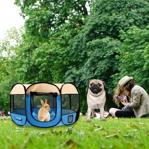 Pet Cat Playpen for Indoor Cats Enclosed,Portable Pet Dog Playpen,Puppy Small Dog Cat Tent Crates Cage,29x29x16,Blue/Beige,1Pack