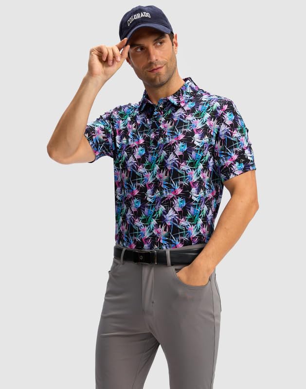 Obla Golf Shirts for Men Dry Fit Short Sleeve Print Stripped Performance Moisture Wicking Collared Golf Polo Shirts(Motley Leaf_S)
