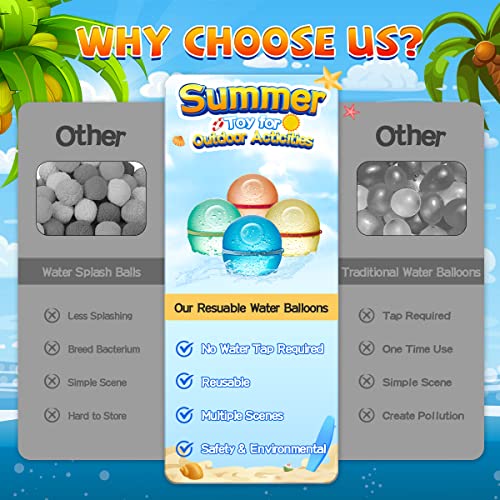 Hiliop Reusable Water Balloons for Kids Adults, Silicone Refillable Water Balloons Self Sealing Water Balloons Quick Fill with Magnetic & Mesh Bag