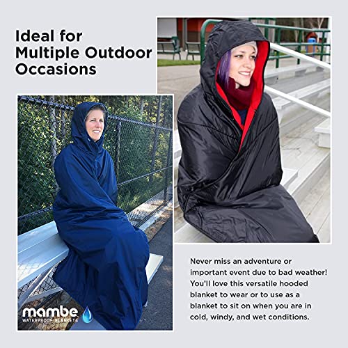 Mambe Small Extreme Weather Hooded Blanket Black - 100% Waterproof and Windproof with Premium Stuff Sack - Perfect for Stadiums and Watching Sports Activities - Machine Washable Fleece