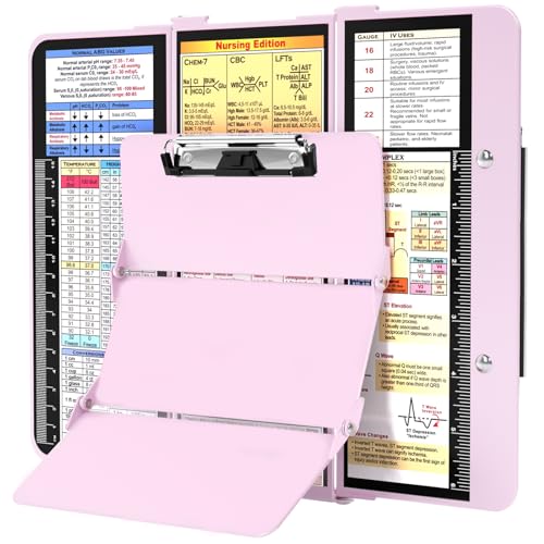 Nursing Clipboard Foldable, Foldable Clipboard w/Nursing Edition Medical Charts,3 Layers Aluminum, Nurse Clipboard w/Low Profile Clip&Pen Clip for Students, Nurses and Doctors, Baby Pink
