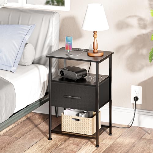 LAKEMID Nightstands Set of 2 with Charging Station and Drawer, End Table Bedside Table with 20 Colors LED Light Strip and 2 Layers Shelf for Bedroom Living Room Sofa Couch (Black)