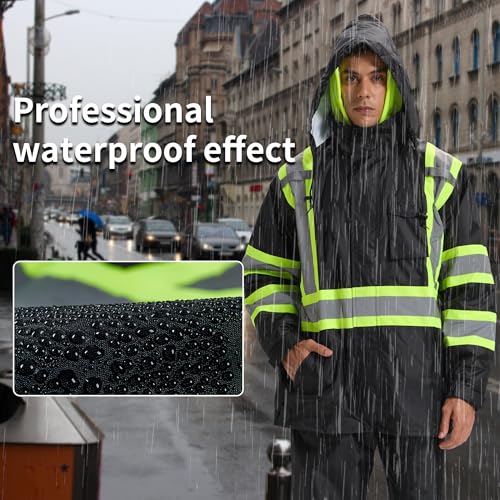 Hi Vis Rain Jacket for Men,Waterproof Class 3 Safety Rain Suit with Removable Hood & Black Bottom,High Visibility Rain Gear with Interior Mesh Lining