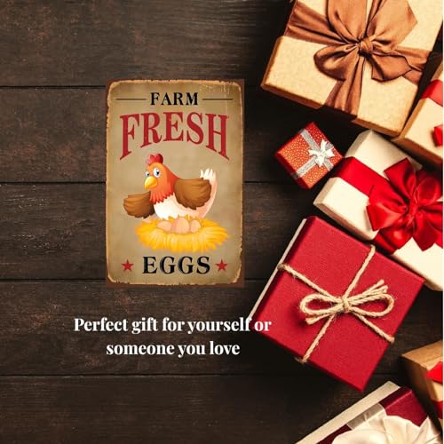 Funny Chicken Sign, Metal Chicken Coop Tin Signs, Farm Fresh Eggs Smile Chicken, Yard Sign Garage Farm Garden Wall Decor Sign Plaque Outdoor for Home Fence 8 X 12 Inches