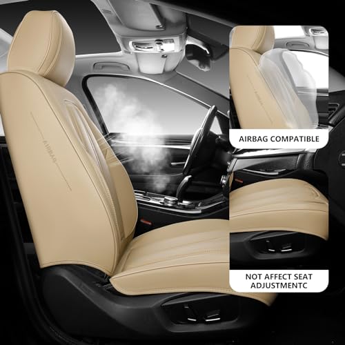 GEEMAYTEK Car Seat Cover Front Seat, Leather Seat Cover for Cars, 2Pcs Waterproof Beige Seat Cover Car Seat Protector Cushions Universal Fit for Most Cars & SUV Trucks
