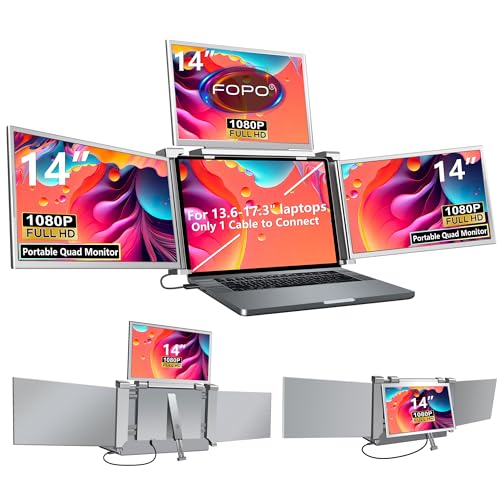 FOPO 14" Laptop Screen Extender Monitor Portable, Quad Monitor, Just 1 Cable for 3 Screens, FHD 1080P IPS Monitor Extender Compatible with Wins/Mac(M1 M2 M3) for 13.6" -17.3" Laptops