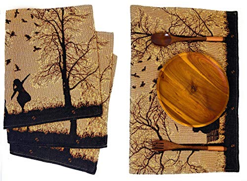 DaDa Bedding Set of 4-Pieces Magical Golden Reindeer Tapestry Placemats - Starry Winter Snowflake Festive Merry Christmas Holiday Yellow & Black - Needle Stitched Woven Table Mats - 13” x 19”