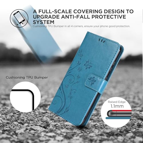 Mavis's Diary Galaxy S24 Flip Case with Card Holder Stylus Pen, Women Floral Embossing Leather Folio Cover Folding Phone Wallet Case Compatible with Samsung Galaxy S24 6.2" (Blue)