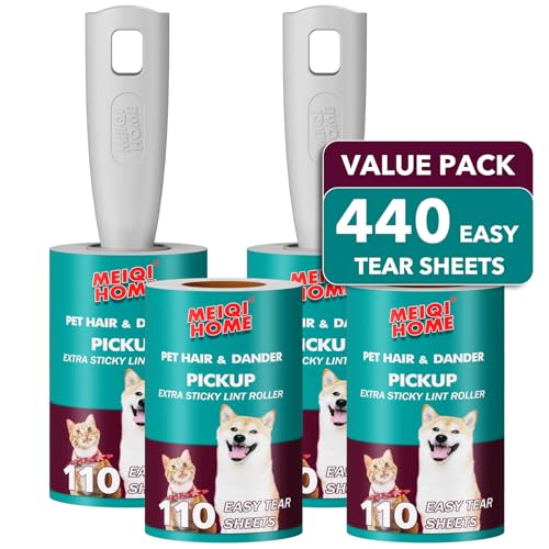 MEIQIHOME Lint Rollers for Pet Hair Extra Sticky, 440 Sheets Value Set Lint Roller with 2 Upgraded Handles, 4 Rollers Portable Pet Lint Remover for Clothes, Furniture, Carpet, Dog & Cat Hair Removal