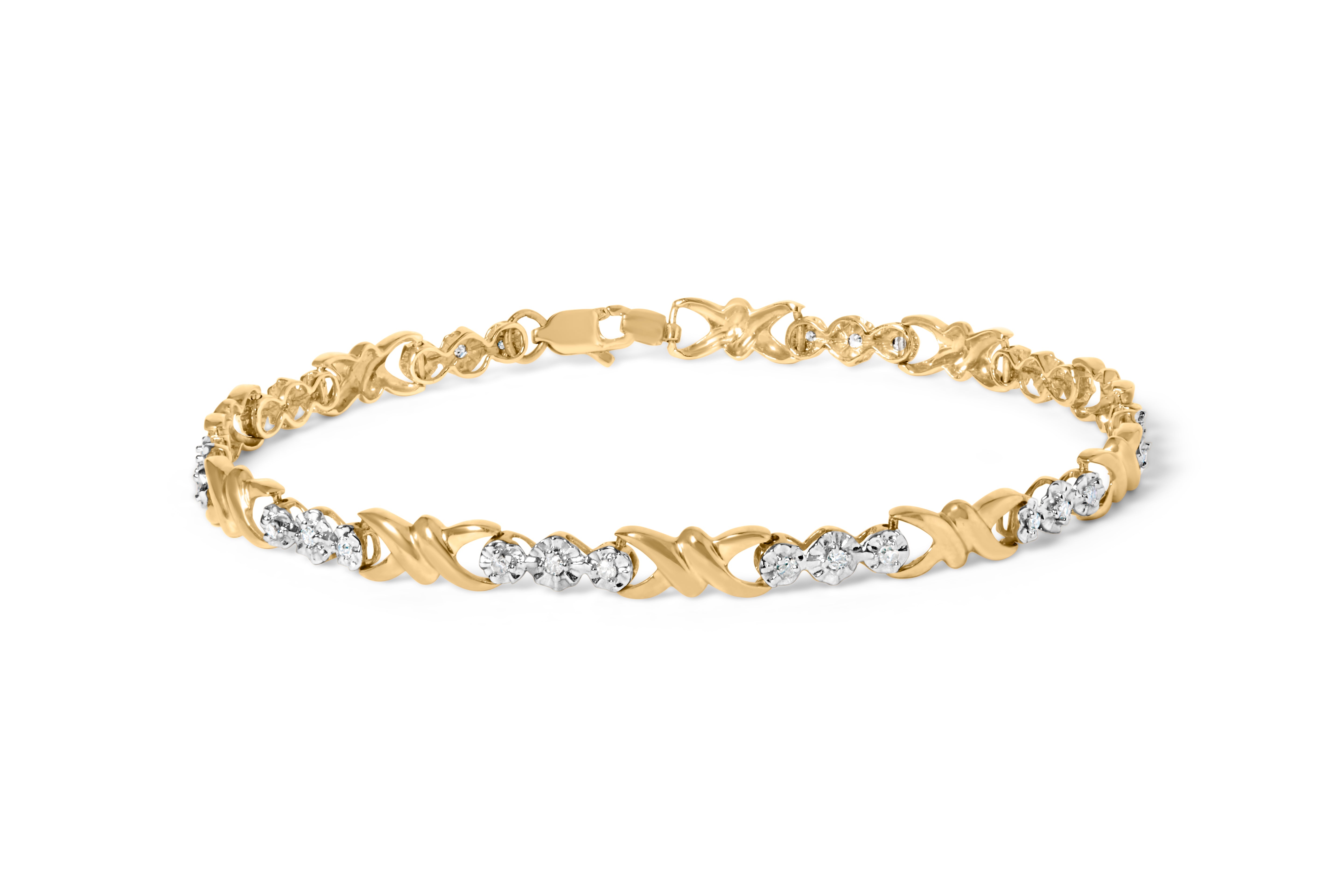 10k Yellow Gold 1/3 Cttw Diamond 3 Stone and X-Link Bracelet (I-J Color, I1-I2 Clarity) - 7.50" Inches