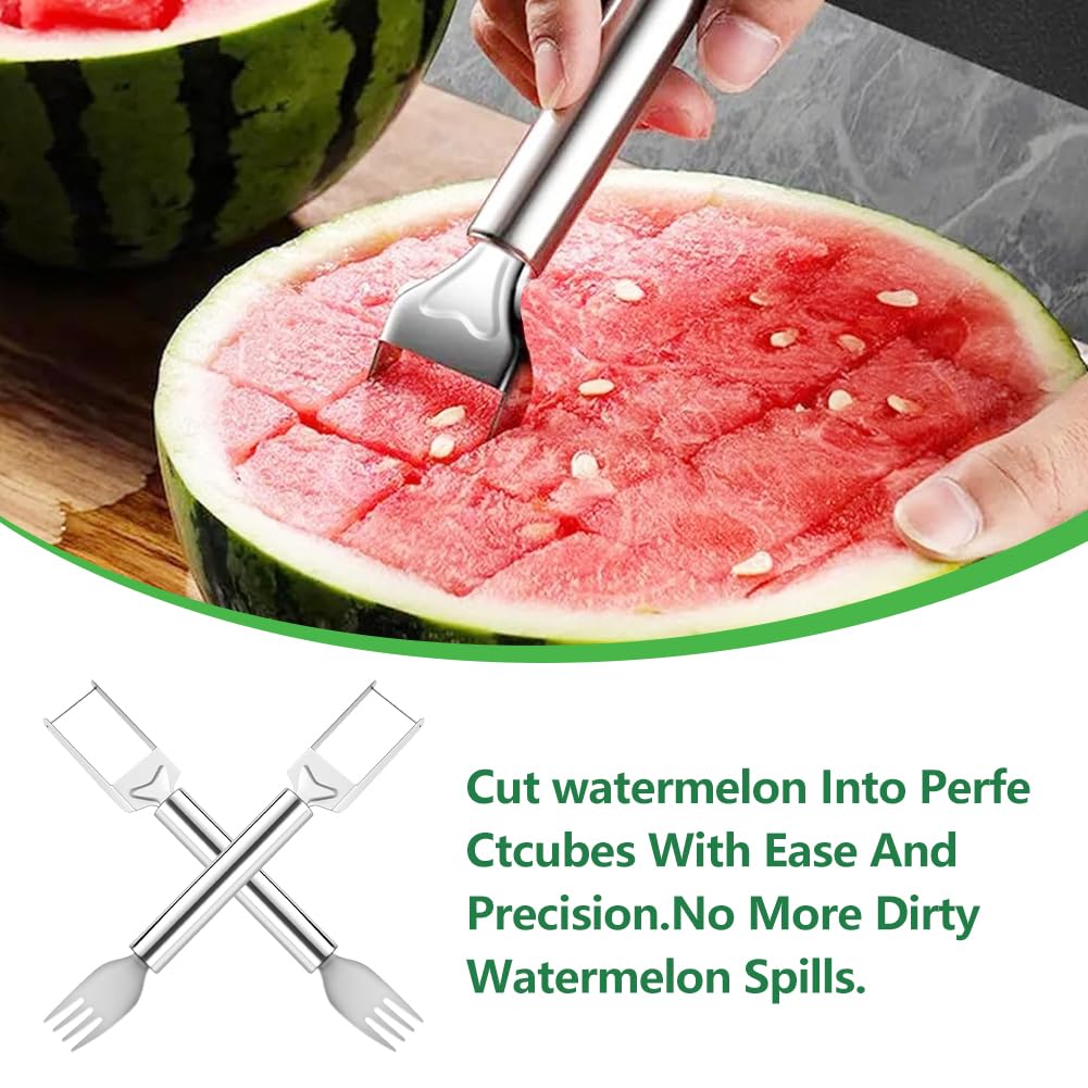 2-in-1 Stainless Steel Fruit Cutter, Watermelon Slicer with Fork, Dual Head Watermelon Fork Slicer Tool for Cubes, Fruit Knife with Round Handle for Home Kitchen, Picnic & Party (1Pack)