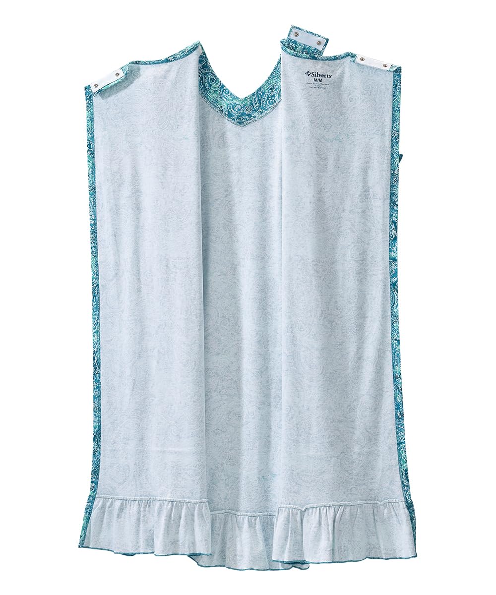 Silverts Women's Open Back Ruffle Hospital Nightgown - Adaptive Gown for Elderly, Seniors, Bedridden, Hospice - Warm Medical Night Robe Pajamas for Pregnancy, Labor Patients - Turquoise Paisley 3XL