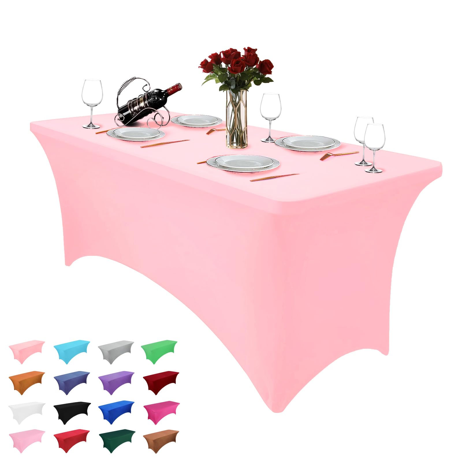 Hussome 4FT Table Cloth for Rectangle Table Light Pink Tablecloth Rectangular Fitted Stretch Spandex Table Covers 4 ft for Birthday, Cocktail, Wedding, Banquet Spring Summer Outdoor Party