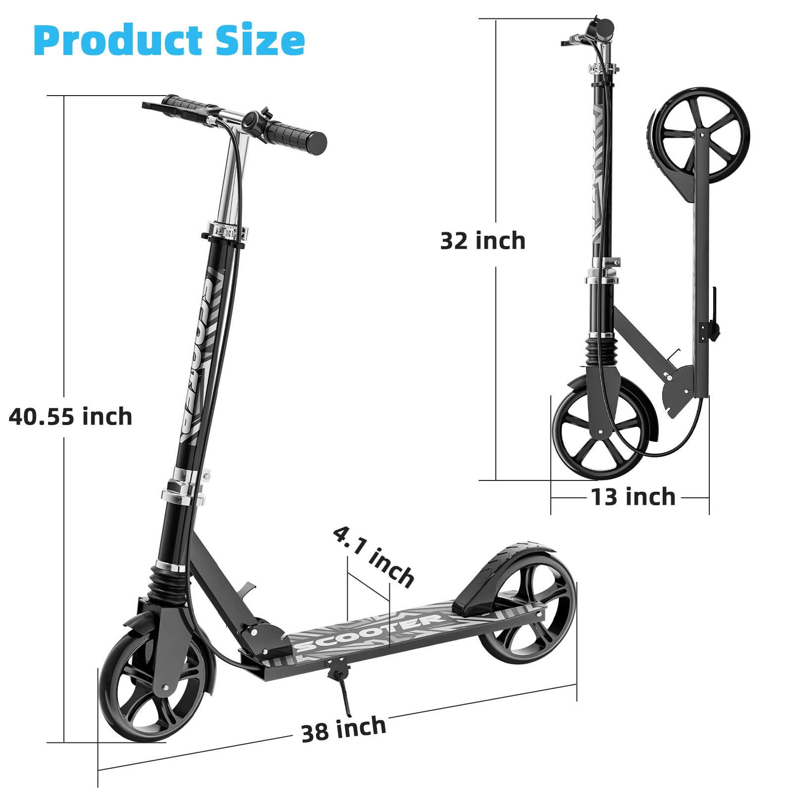 Scooters for Kids 8-12, Teens & Adults - Load 240 LBS, 8-Inch Wheels, Kick Scooter with Shock Absorption System, Hand Brake & Bell, 4 Adjustable Height Levels, Perfect for School, Commuting or Park