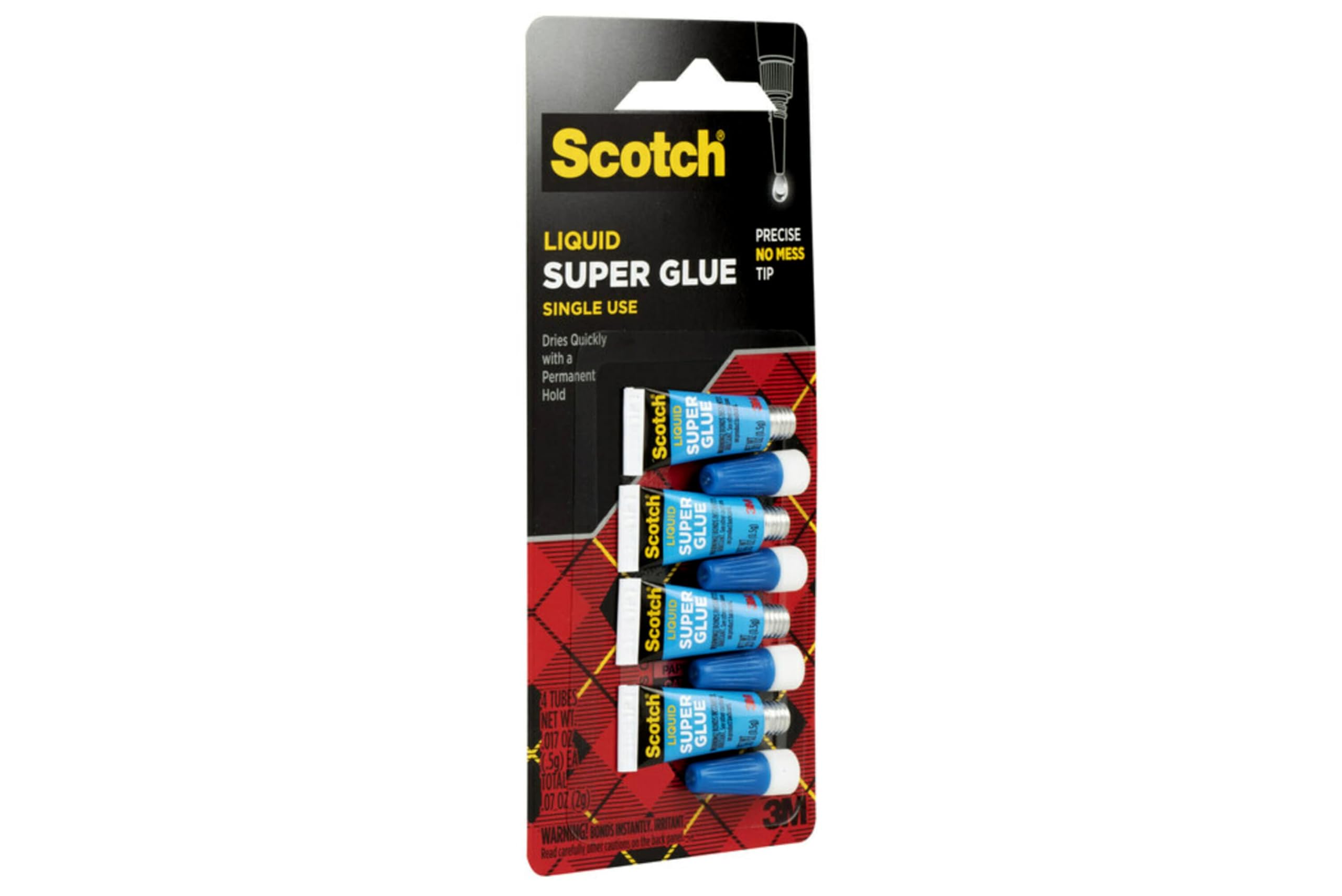 Scotch Super Glue Liquid, 4-Pack of Single-Use Tubes, .017 oz Each, Fast Drying Liquid Formula (AD114)