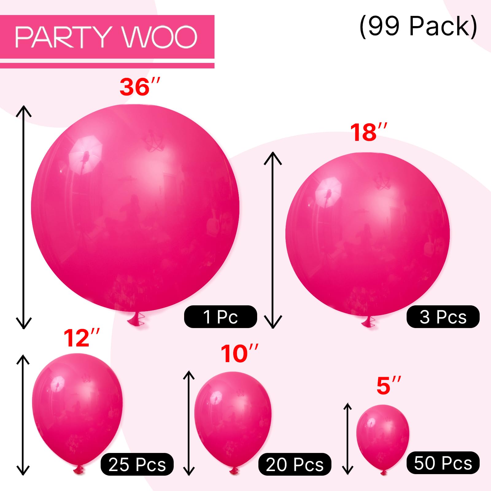 PartyWoo Hot Pink Balloons 99 pcs Different Sizes of 36 18 12 10 5 Inch Magenta Fuchsia Dark Pink Balloon Arch Kit Garland for Valentine's Day Baby Shower Princess Birthday Party Decorations Pink-Y12