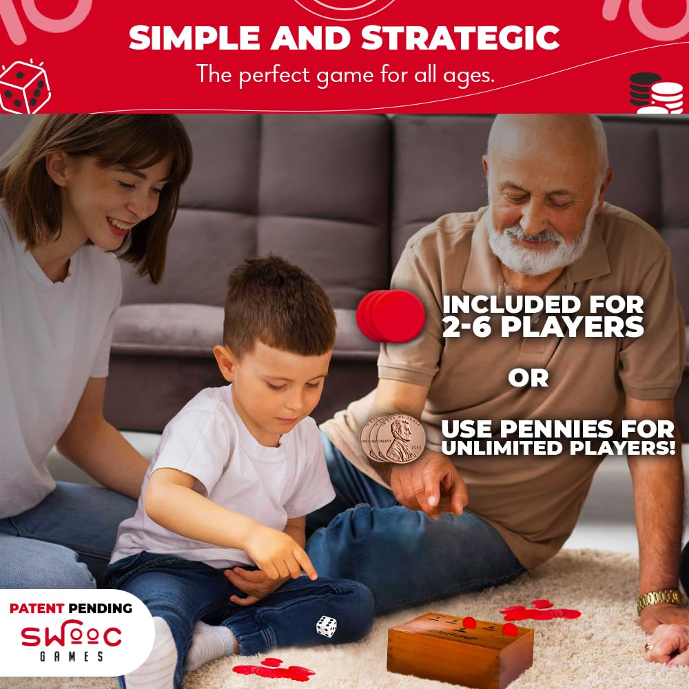 SWOOC Games - Coin Drop™ | Simple + Strategic Dice Games for Families with Coins Included for 2-6 Players | Works W/Pennies Too | Get Rid of Coins to Win | Board Games for Kids | Penny Game Wood Box