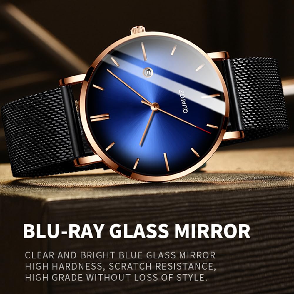 Men's Fashion Minimalist Wrist Watch Waterproof Watches Simple Ultra Thin Watches Analog Quartz Date with Stainless Steel Mesh Band (Rose Gold)