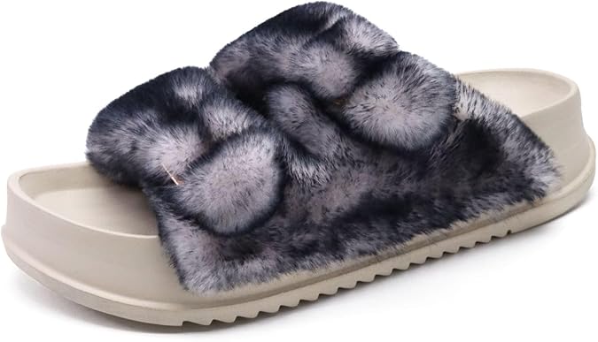 KuaiLu Women's Fluff Slippers Black White, Plantar Fasciitis Arch Support Platform Slippers Ladies Fashion Open Toe Faux Fur Sliders House Slipper