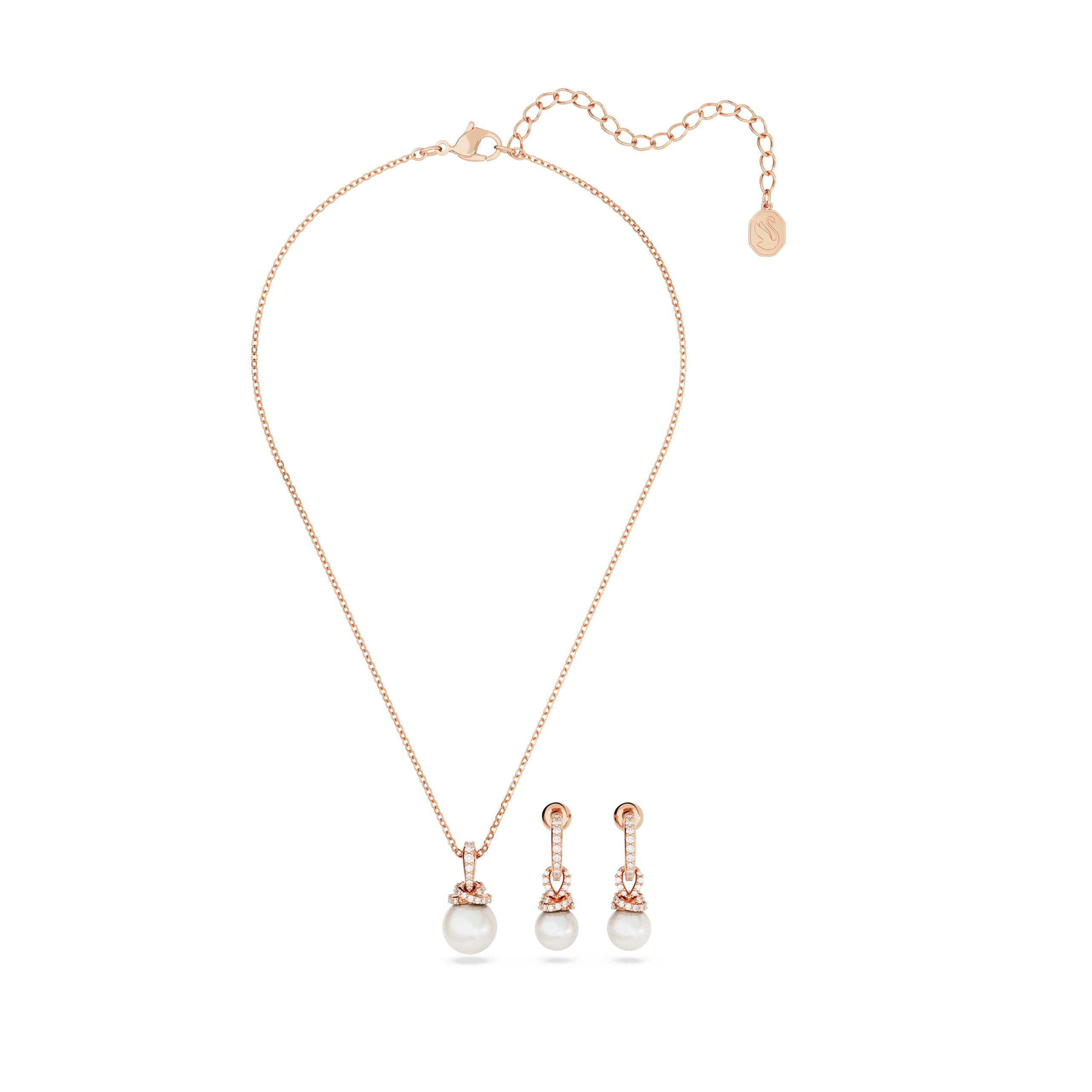 Swarovski Originally Earring and Necklace Set, Clear Stones and Pearls in a Rose Gold-Tone Finished Setting, Part of the Originally Collection