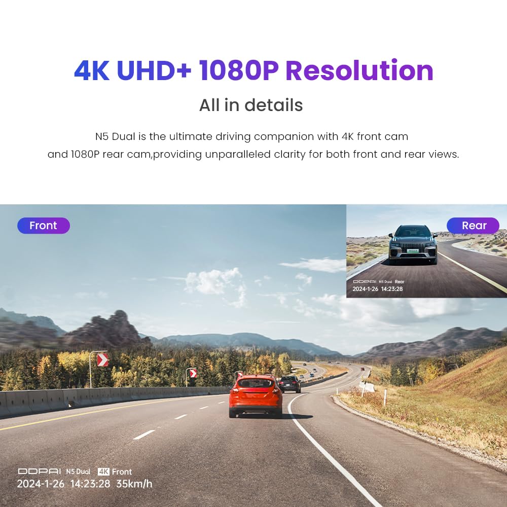 DDPAI 4K Car Dash Cam Front and Rear 2160P+1080P Dashcam Built-in 32G eMMC Voice Control ADAS 5G WiFi GPS G-Sensor with APP Control Night Vision 24 Hours Parking Monitor Support 512GB TF Card, N5 Dual