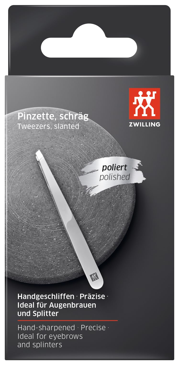ZWILLING Slant Tweezer (plucking eyebrows, removing splinters, hand-finished, roughened tips), Polished, Silver, 3.5 inch