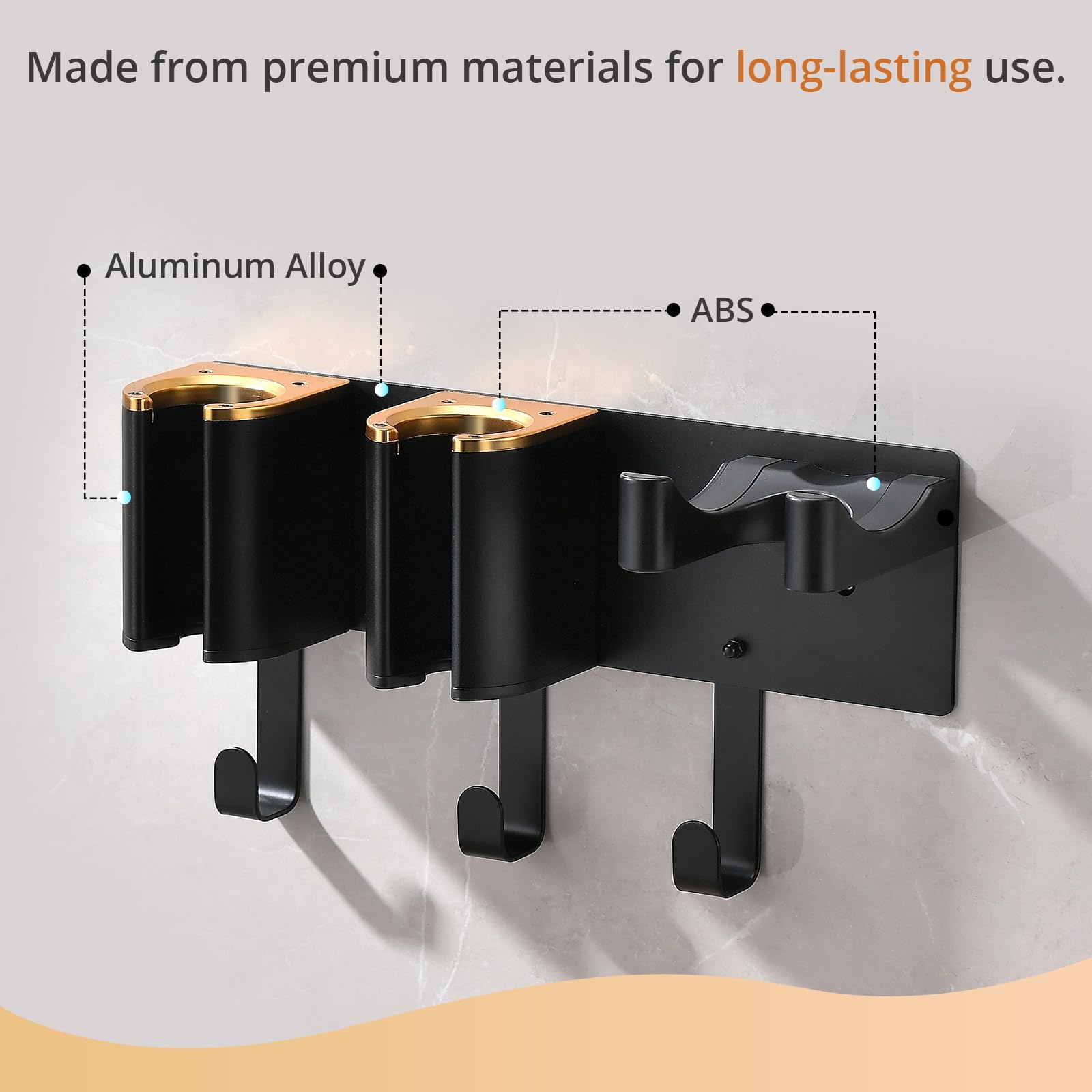 HAVICATO Hair Dryer Holder Wall Mount, Curling Iron Holder, 3 in 1 Hair Tool Organizer for Bathroom Vanity, Hair Straightener Holder, Aluminum Alloy Black