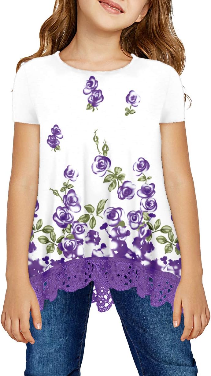 storeofbaby Loose Tee Shirts for Big Girls, Big Kid Floral Casual Blouse for Leggings