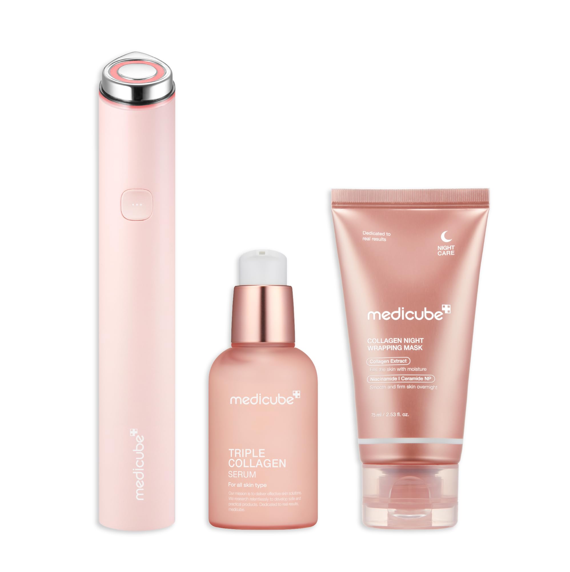 medicube Ultimate Pink Glow Skincare Trio: Mini Booster Pro Pink and Collagen Overnight Wrapping Peel Off Facial Mask Pack and Triple Collagen Serum 1.85 fl.oz (50ml)