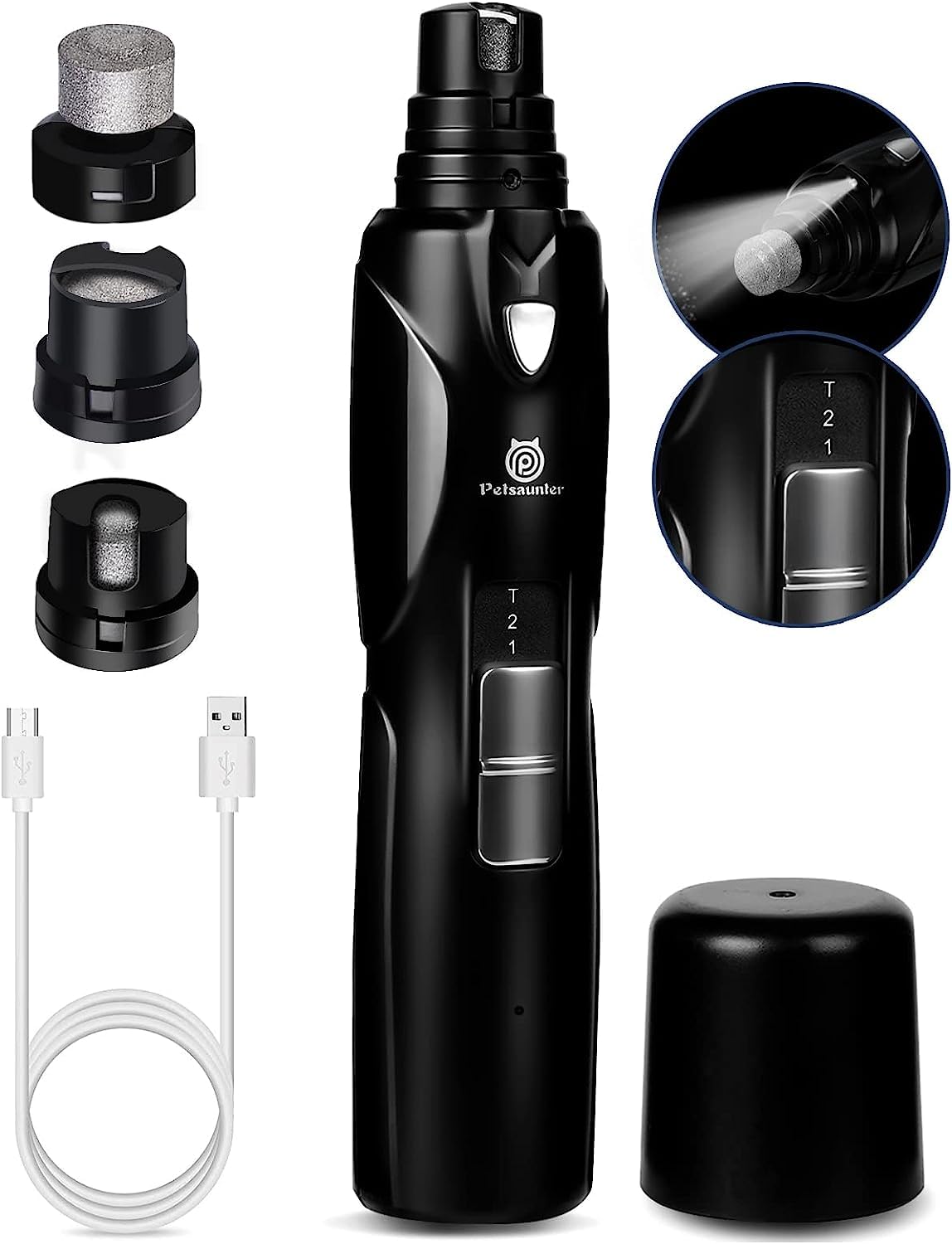 Petsaunter Dog Nail Grinder, 2-Speed and LED Light, Powerful Touch-Switch, Quiet and Low-Vibration Dog Nail Trimmers, and 3 Ports for Large Dogs, Medium, Small Dogs Cats Pets with Hard or Thick Nail
