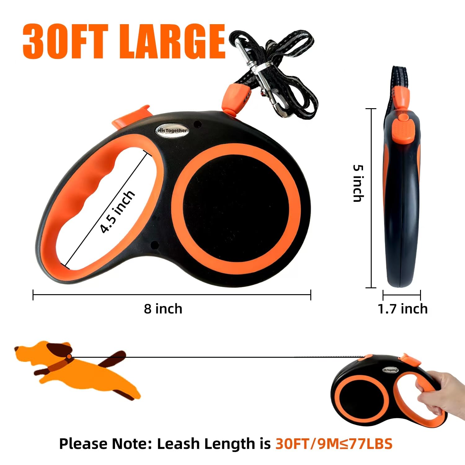 Retractable Dog Leash 30 FT, HH Together 360° Tangle-Free Leash for Medium Large Dogs up to 77 lbs, Heavy Duty, One-Handed Brake, Pause, Lock