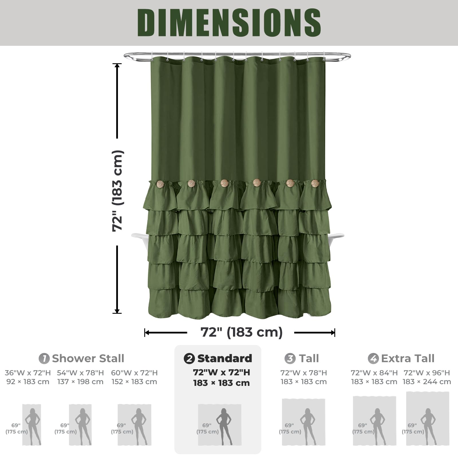 Seasonwood Sage Green Shower Curtain for Bathroom Cute Ruffle Shower Curtain 72 X 72 Inches Farmhouse Shower Curtains with Buttons & Green Ruffles