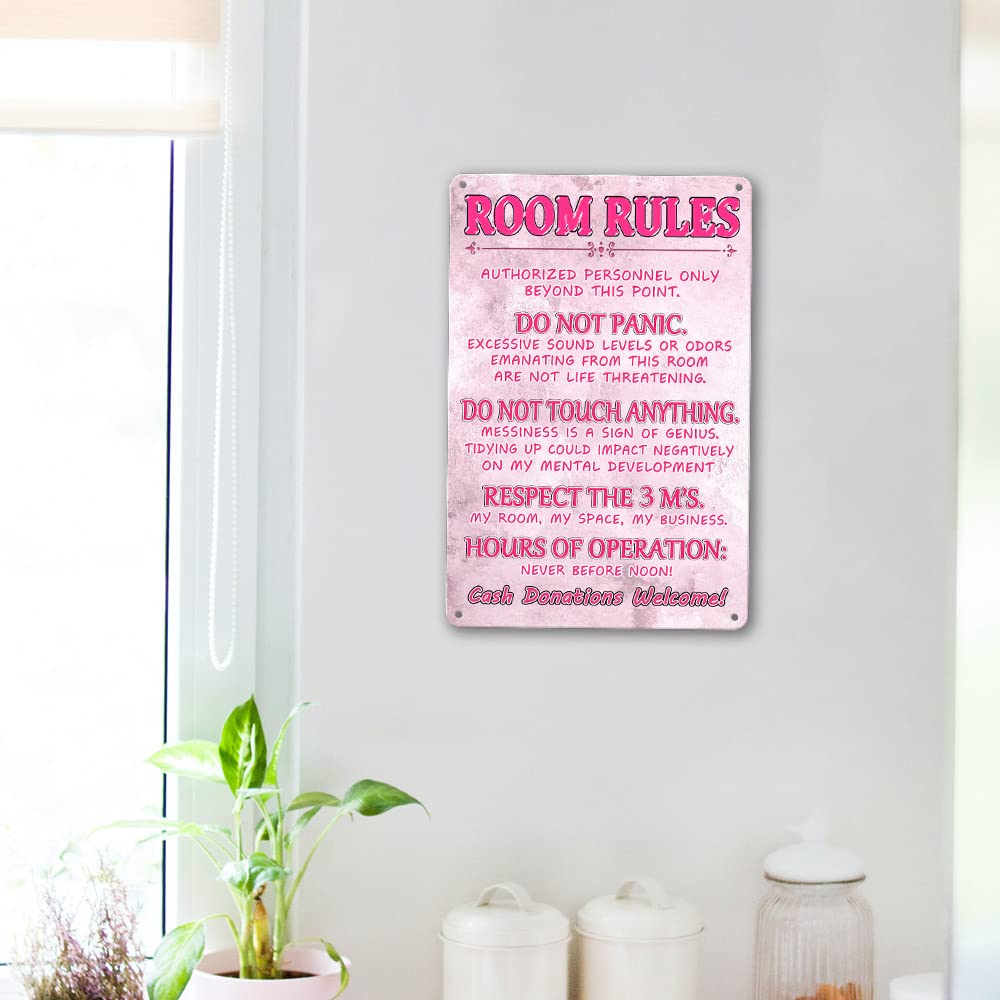 Pink Teen Girl Bedroom Decor - Cute Metal Tin Sign With Room Rules, Aesthetic and Preppy Decorations for Bedroom, 12 X 8 Inch