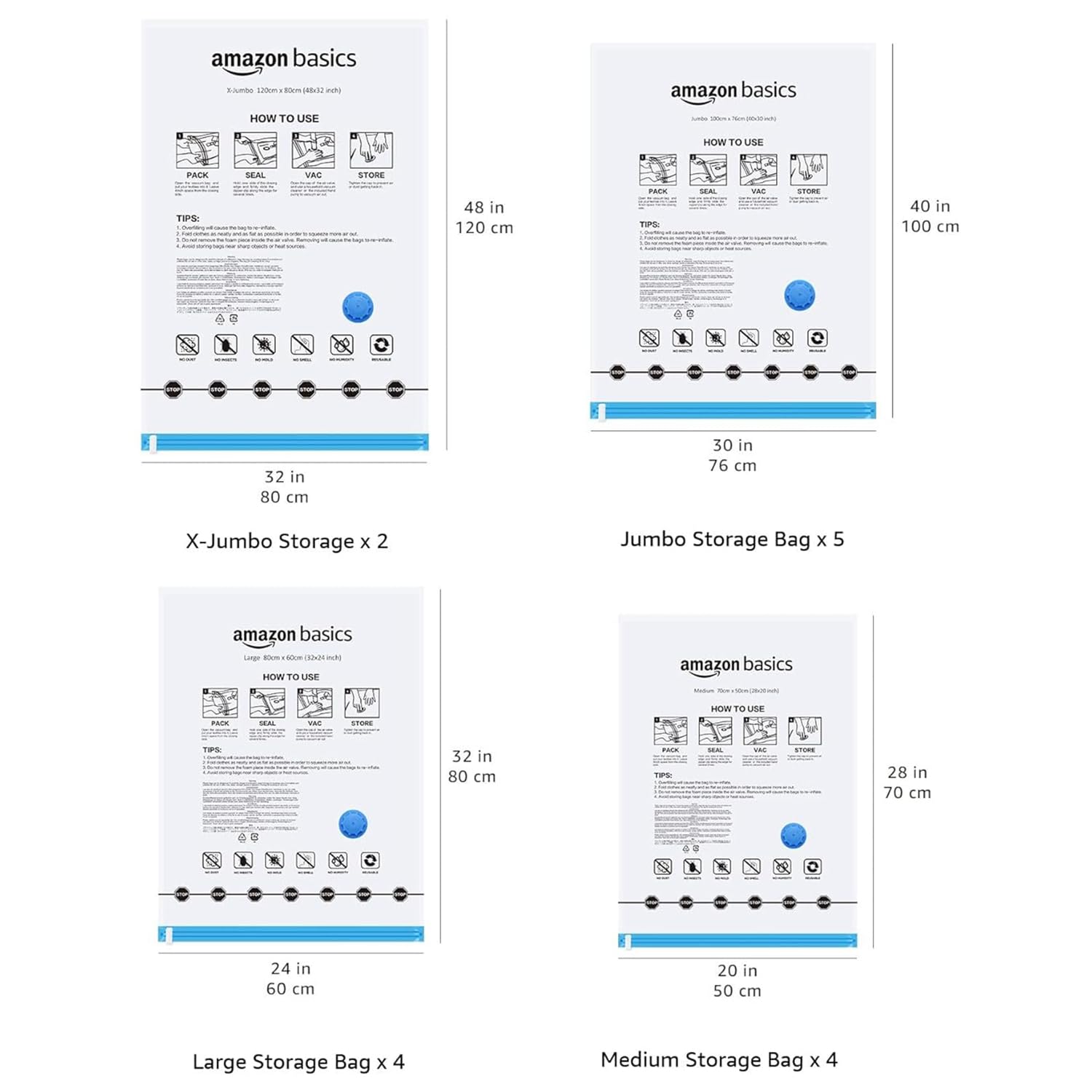 Amazon Basics Vacuum Compression Space Saving Storage Bags with Hand Pump, Multiple Sizes, Pack of 15, White